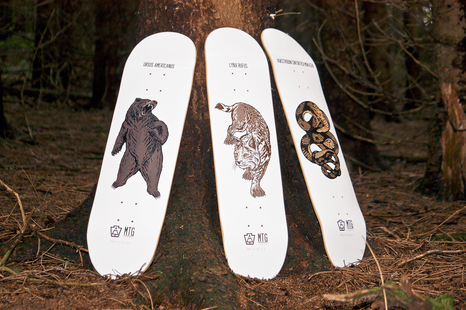 MTG Industries WildLife Series skateboards in the woods